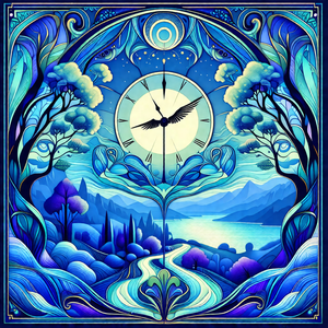 Beautifully drawn blue and white picture of a clock, with...