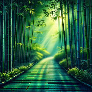 Serene scene of a pathway surrounded by lush green bamboo...