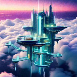 Futuristic city with a large, blue, and purple building t...