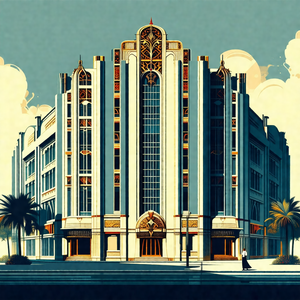 Large, detailed drawing of a white building with a gold trim