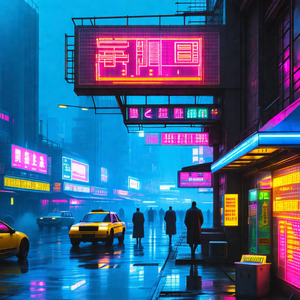 Rainy night in a city, with a group of people walking dow...