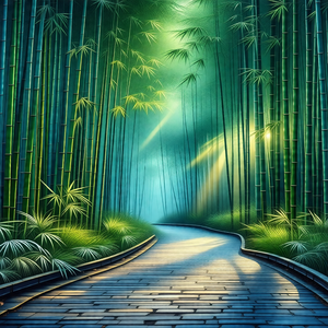 Pathway surrounded by a forest of tall, slender bamboo trees