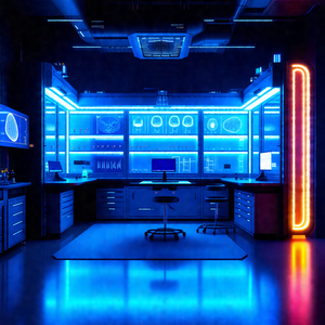Futuristic laboratory with a blue glow, giving it a uniqu...
