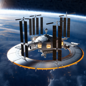 Large spacecraft with a dome-shaped structure on top of it