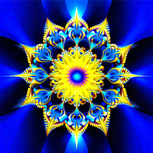 Blue and yellow sunflower, which is a large and intricate...