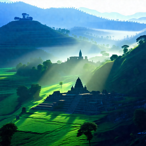 Beautiful landscape with a large, ancient temple situated...