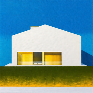 Large white house with a blue sky in the background