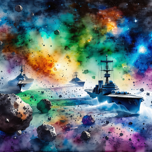 Colorful painting of a fleet of ships sailing through a c...