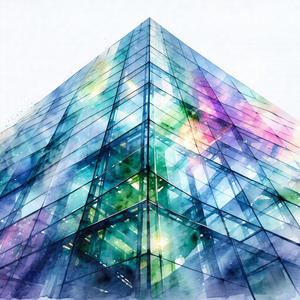 Colorful, artistic representation of a tall building with...