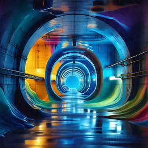 Painting of a tunnel with a blue light illuminating the s...