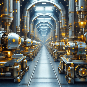 Large, futuristic factory with a long, narrow hallway fil...