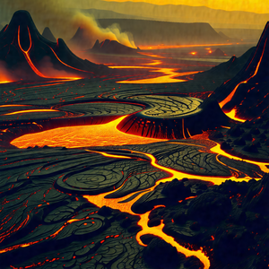 Volcanic landscape with a river of lava flowing through it