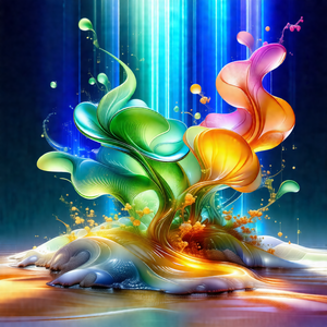 Vibrant and colorful painting of a tree with a mix of yel...