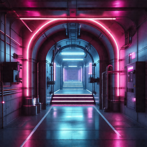 Futuristic hallway with a pink and blue color scheme