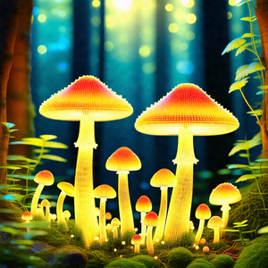 Lush green forest with a group of brightly lit mushrooms ...