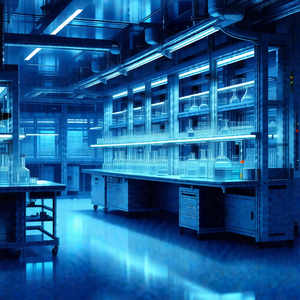 Blue-toned photograph of a laboratory with a focus on the...
