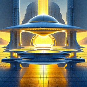 Futuristic scene featuring a large, circular building wit...
