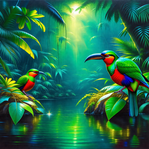 Two colorful birds perched on tree branches near a body o...