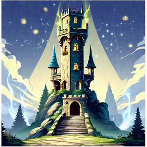 Large, colorful castle with a tall tower