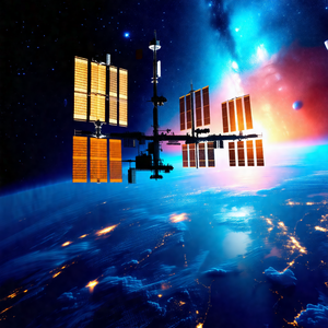 Space station floating in the sky, with a beautiful view ...