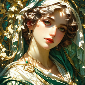 Beautiful woman with blonde hair, wearing a green veil