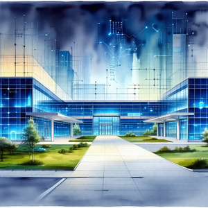 Blue and white drawing of a large building, possibly a mu...