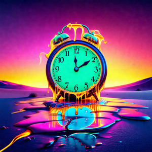 Large, colorful clock with a green face, sitting in a poo...