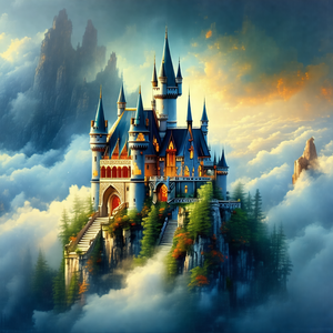 Majestic castle with a tall tower, situated on top of a m...