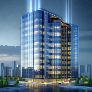 Large, modern building with a blue and white facade