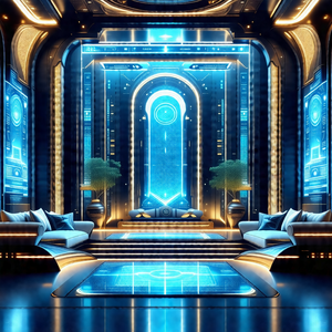 Futuristic room with a blue and white color scheme