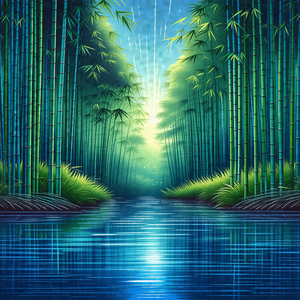 Serene scene of a river surrounded by a forest of bamboo ...