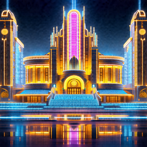 Colorful, animated drawing of a large, ornate building wi...