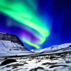 Captures a beautiful night scene with a mountain range in...