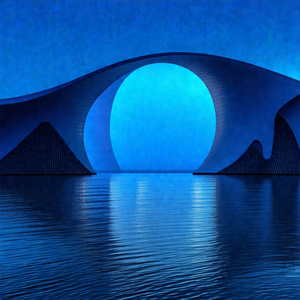Large, blue, curved structure that resembles a bridge or ...