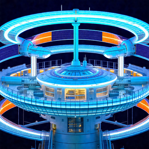 Large, futuristic-looking building with a dome-shaped str...