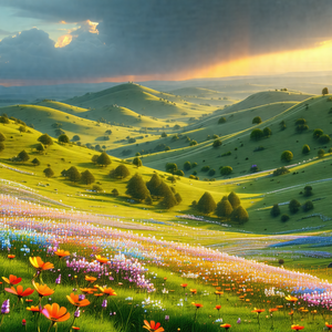 Beautiful, lush green hillside with a vibrant, colorful f...