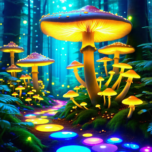 Forest filled with a variety of mushrooms, some of which ...