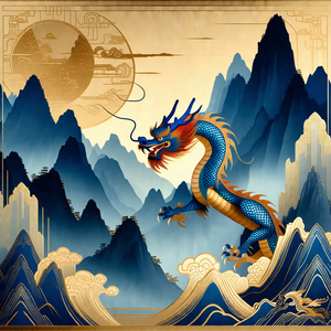 Large, colorful dragon with a red and blue body, standing...