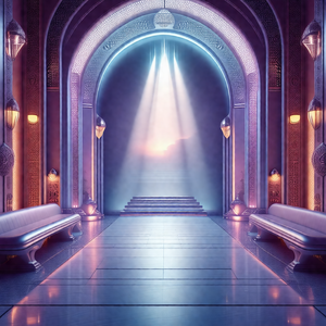 Large, ornate room with a purple and blue color scheme