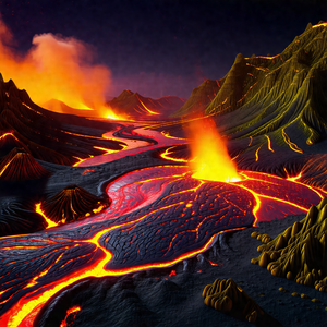 Computer-generated (cgi) depiction of a volcanic landscape