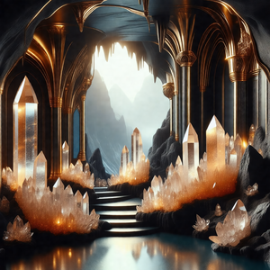 Black and white drawing of a cave with a waterfall