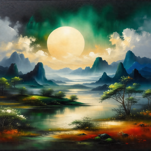 Painting of a beautiful landscape featuring a large body ...