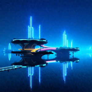 Futuristic city with a large, illuminated structure float...