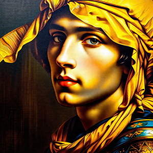 Man with a yellow headpiece, possibly a turban, and a blu...
