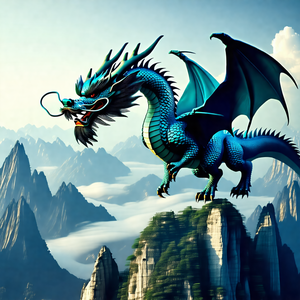 Large, blue dragon with a long neck and a long tail, stan...