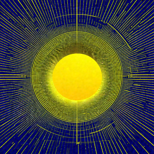 Yellow sun in the center of the frame, surrounded by a bl...