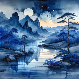 Painting of a serene landscape featuring a large body of ...