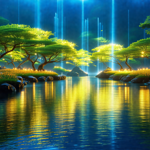Serene scene of a river flowing through a lush green forest