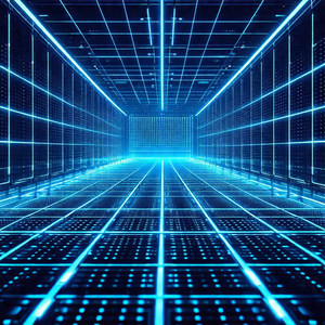 Futuristic scene with a blue, glowing floor