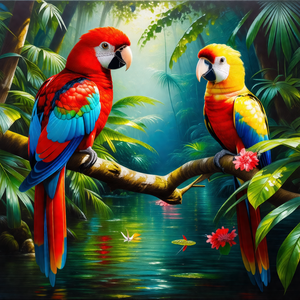 Two colorful parrots perched on a tree branch